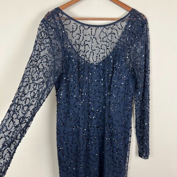 Papell Boutique Dress 16 Navy Blue Sequin Sheath Sheer Long Sleeve‎ Cocktail Zip - Picture 4 of 10